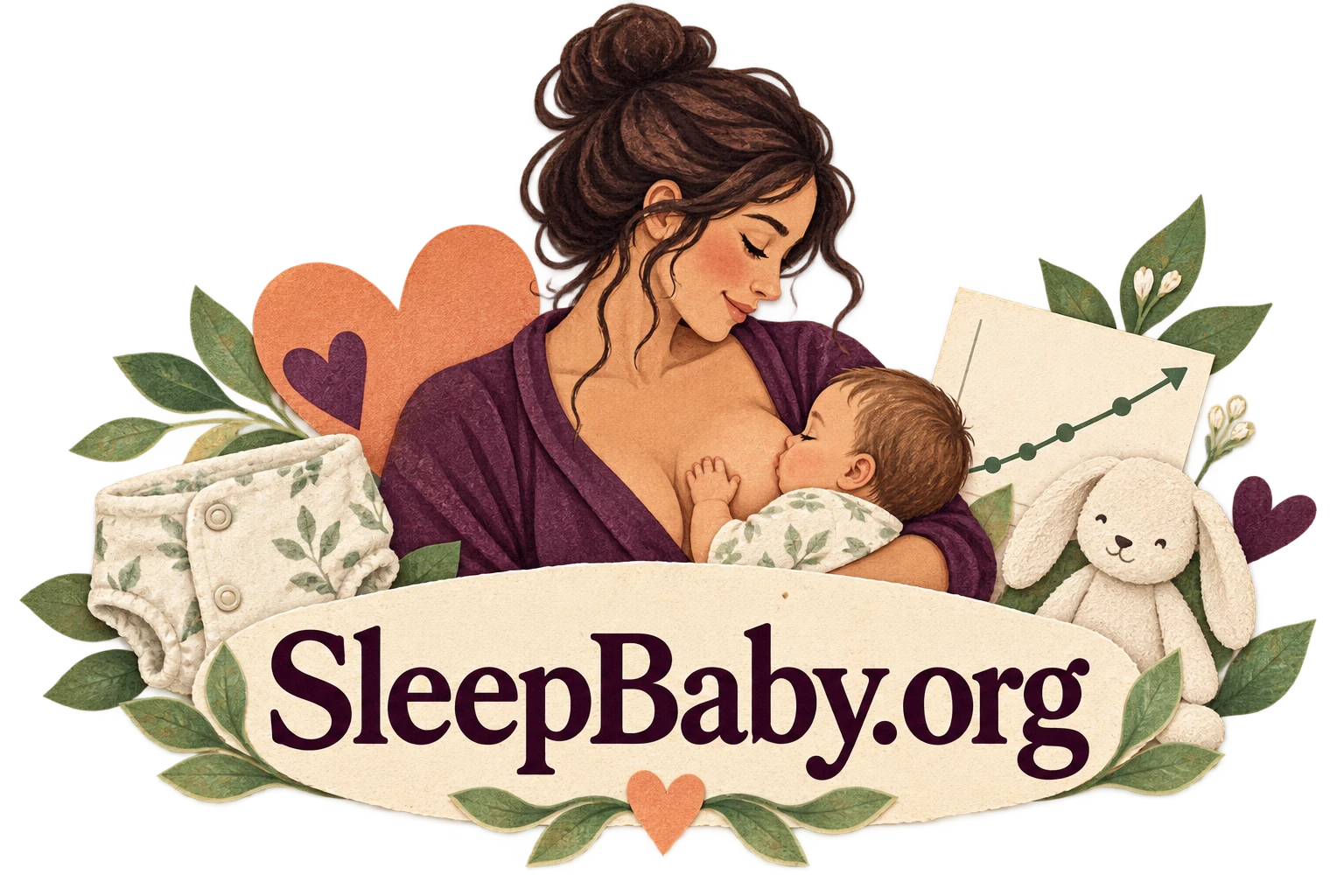 Transparent branded collage of a breastfeeding parent, cloth diaper, and growth chart.