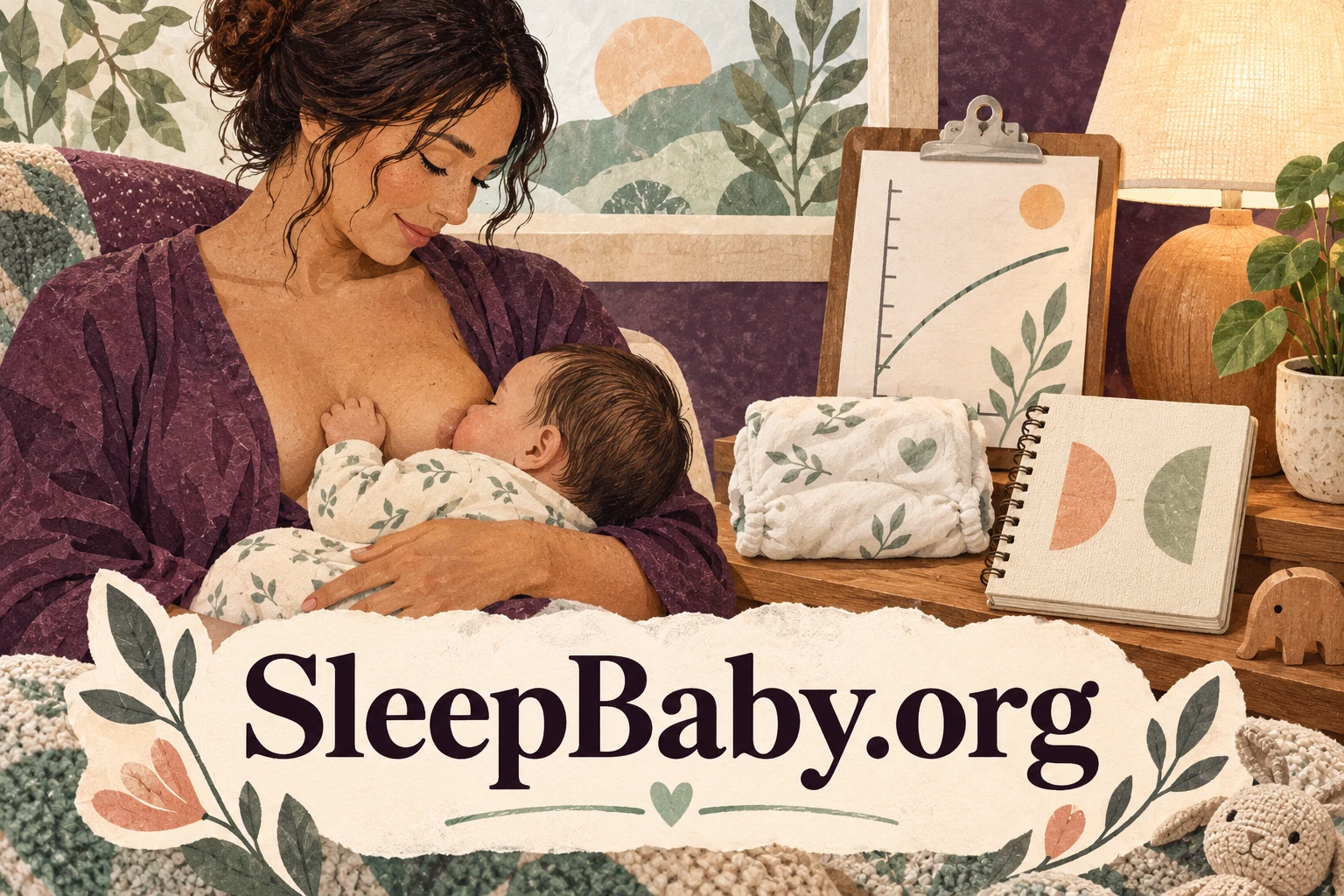Breastfeeding parent beside a cloth diaper, notebook, and simple growth chart.