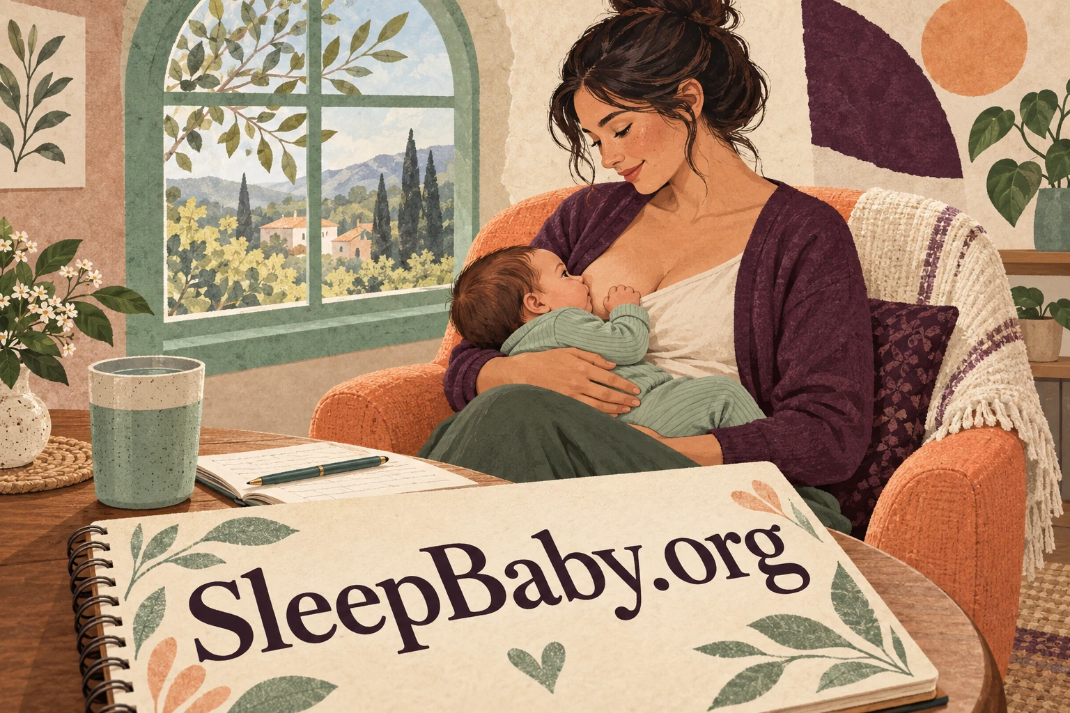 Illustrated parent supporting a baby during breastfeeding.