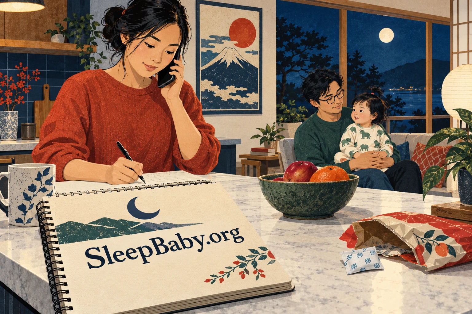 Parent phones for advice while another adult holds a toddler away from the packet.