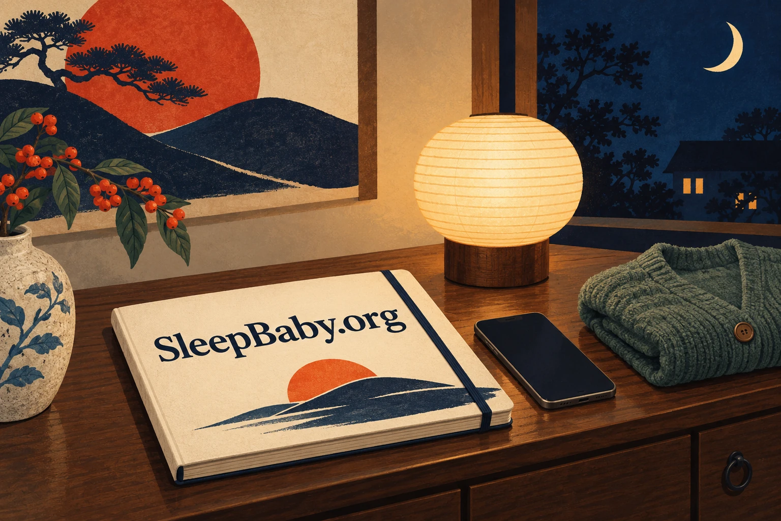Closed notebook and phone on a high sideboard beside a lamp and cardigan.