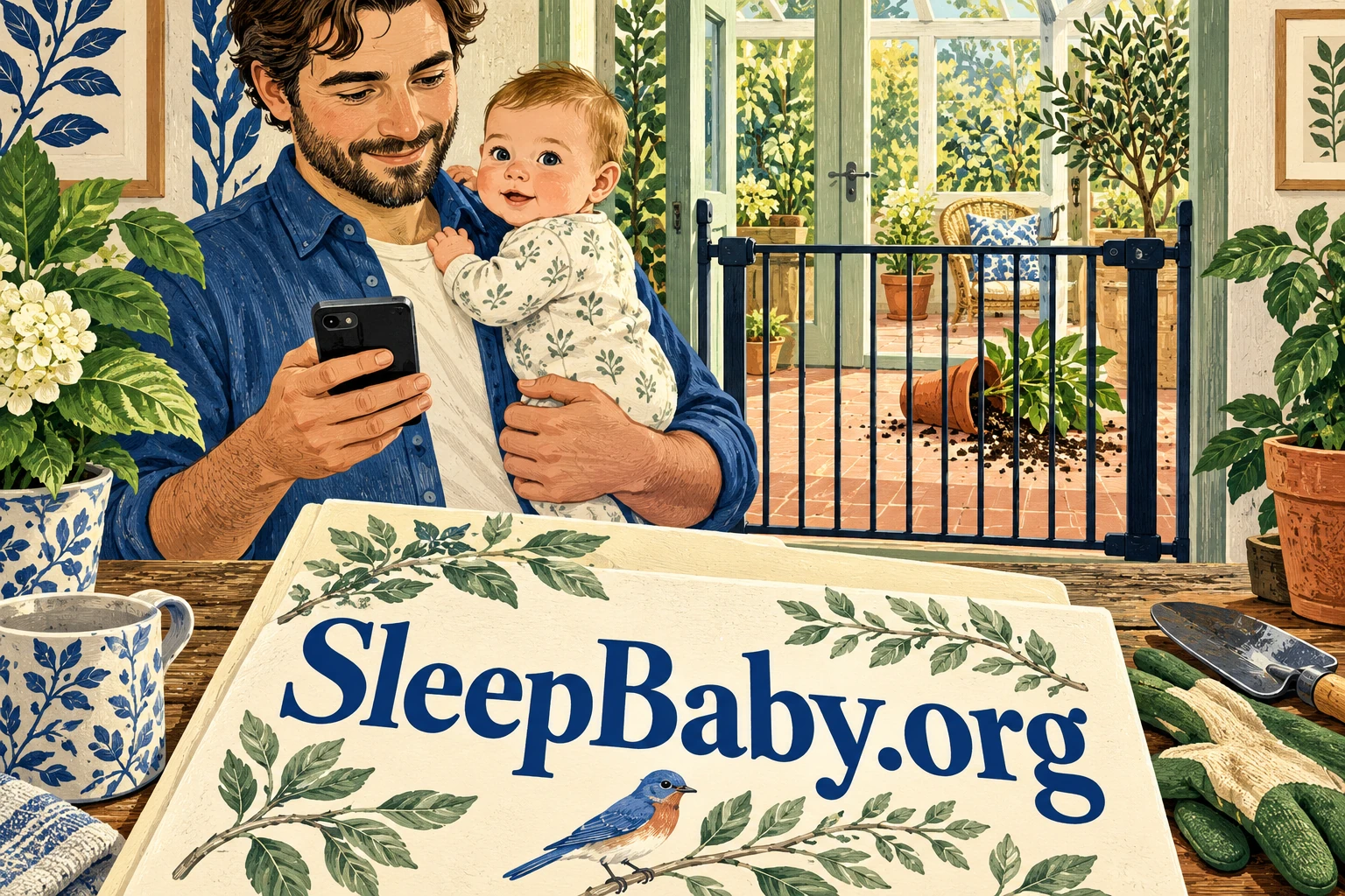 A caregiver holds an alert baby while using a phone, with a plant spill behind a gate and a SleepBaby.org folder in front.