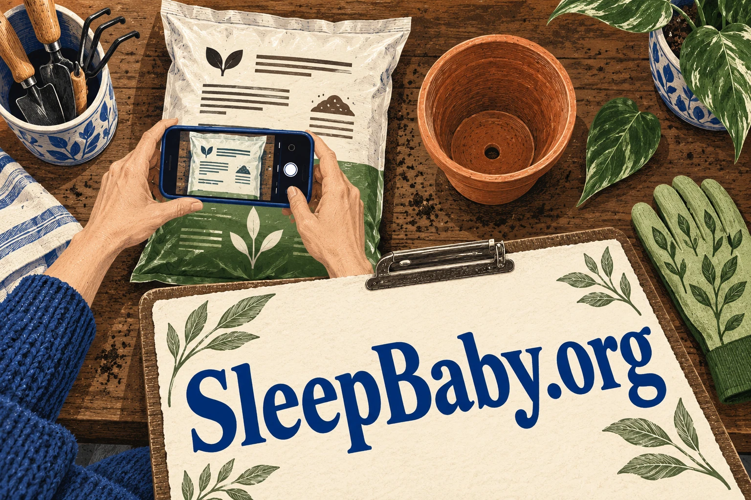 Hands photograph a sealed potting-mix bag beside gloves and a SleepBaby.org clipboard.