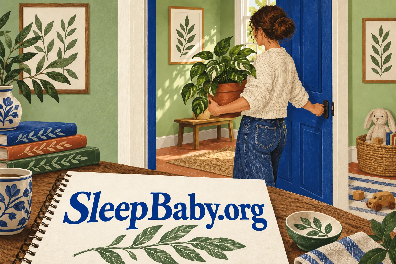 An adult carries a potted plant into a room with a cobalt door; a foreground notebook reads SleepBaby.org.