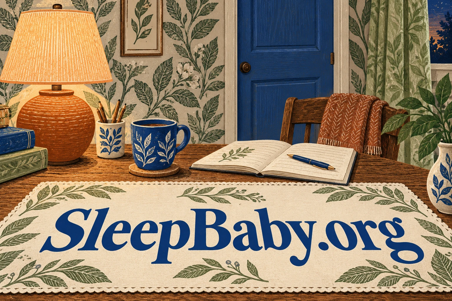 A notebook and mug sit beside a terracotta lamp above an ivory placemat reading SleepBaby.org.