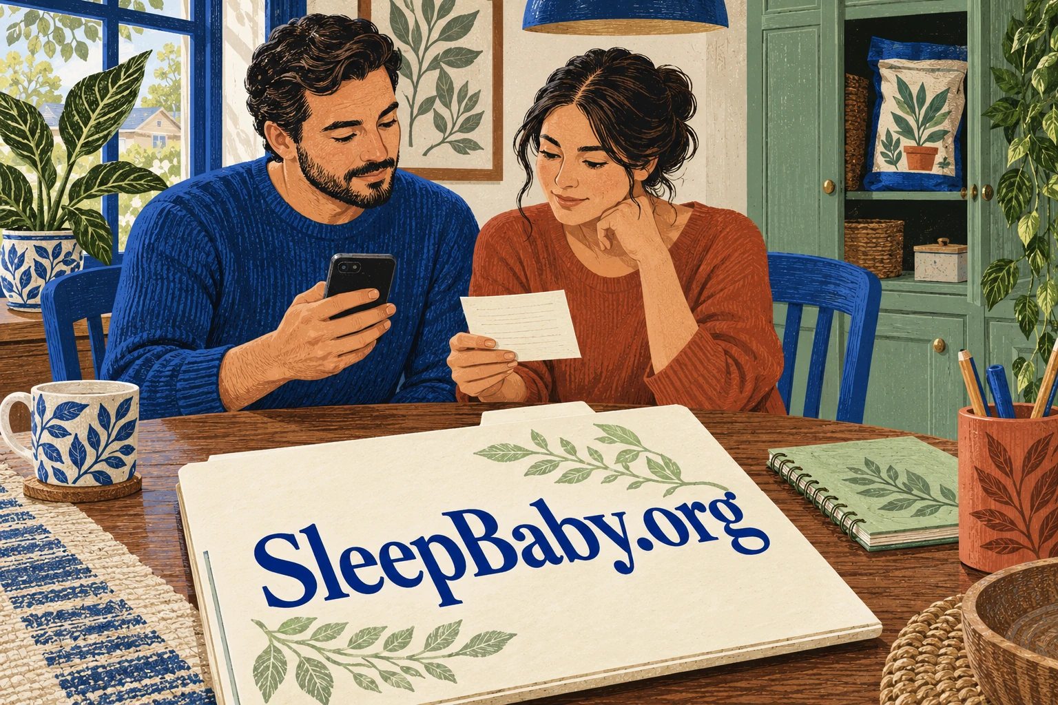 Two caregivers review a note and phone beside a large SleepBaby.org folder.