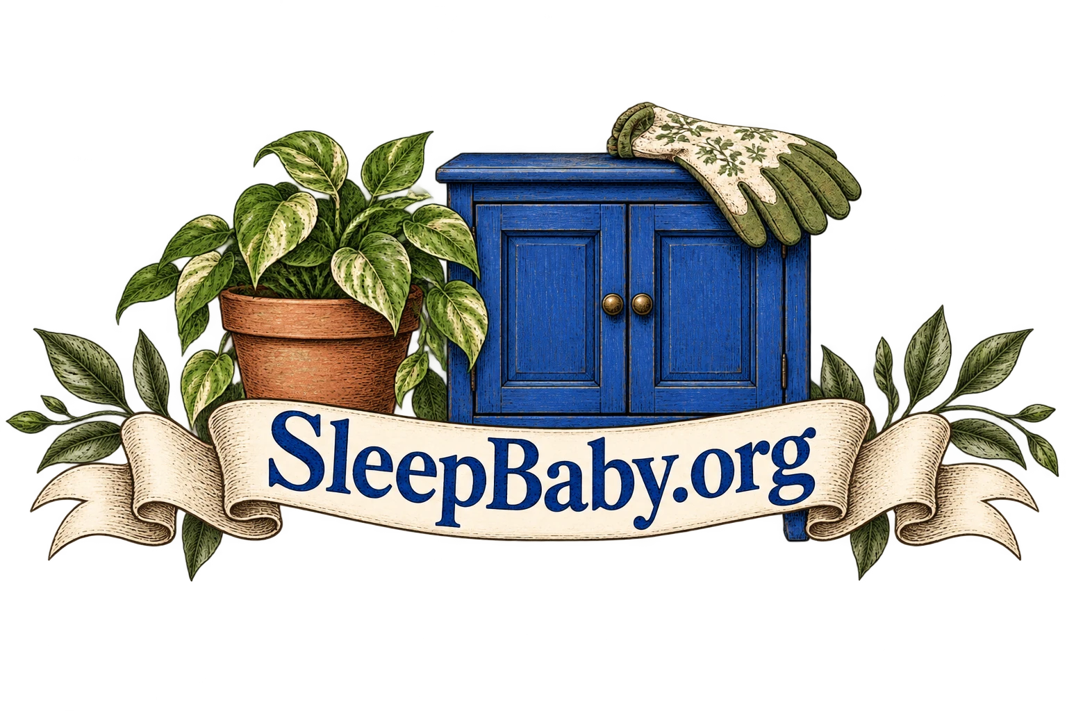 A closed blue cabinet, plant and gloves sit behind a SleepBaby.org banner.