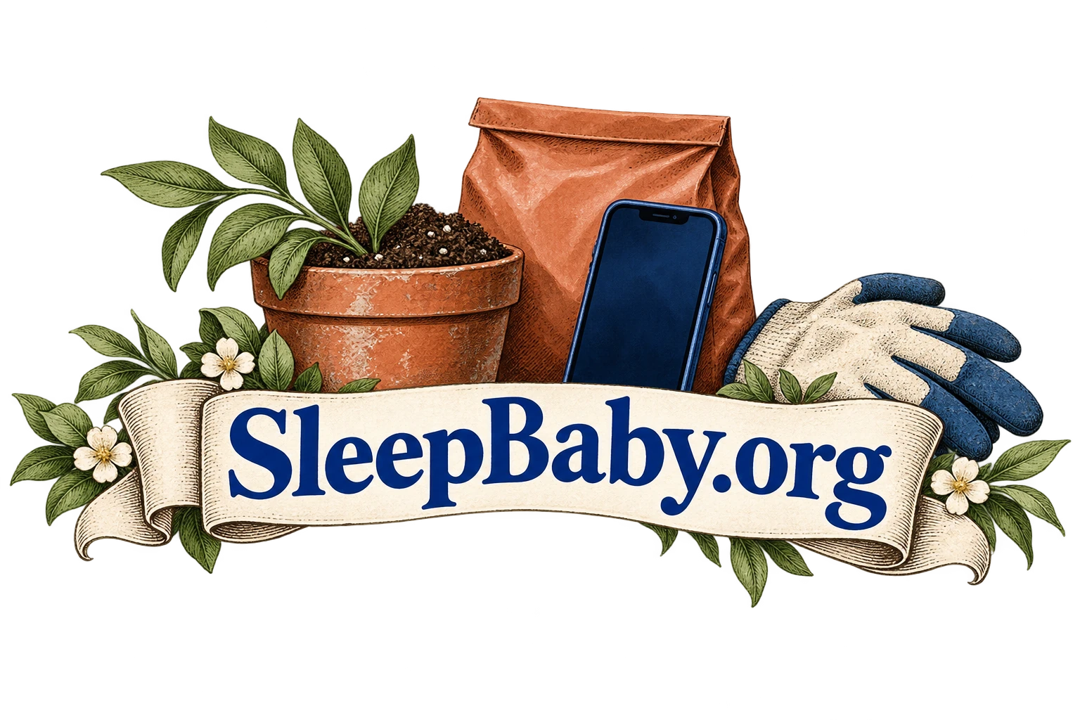 A phone, potting-mix bag, plant and gloves sit behind a SleepBaby.org banner.