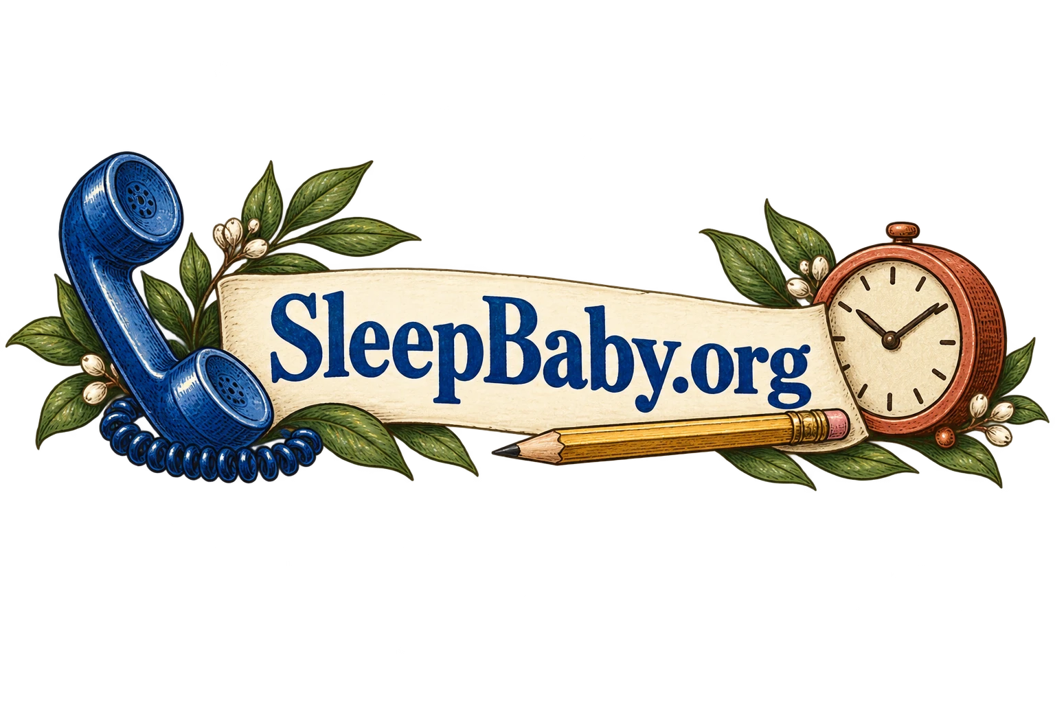 A phone handset, clock and pencil frame a SleepBaby.org note.