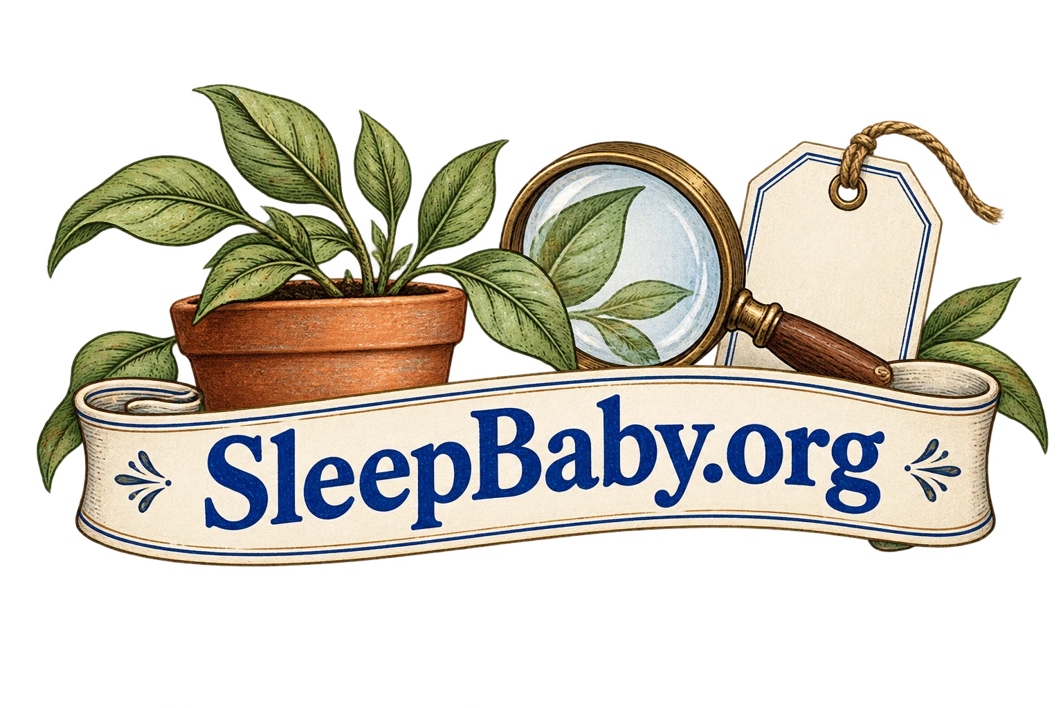 A plant pot, magnifying glass and plain label sit above a SleepBaby.org banner.