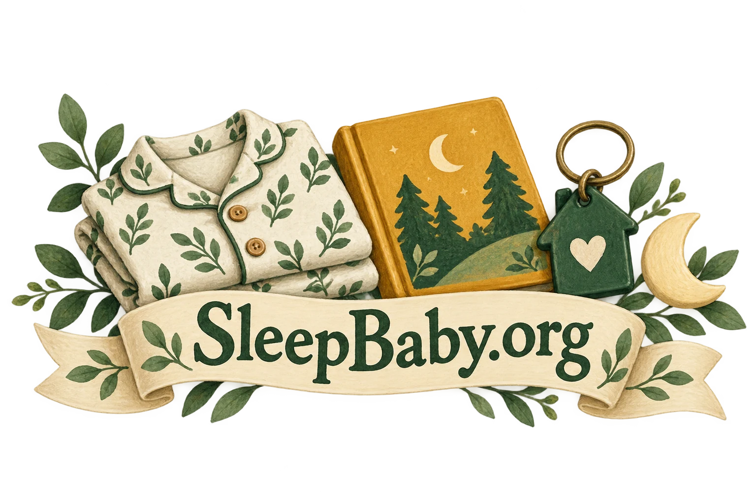 Pajamas, book, house keyring and crescent above a SleepBaby.org ribbon.