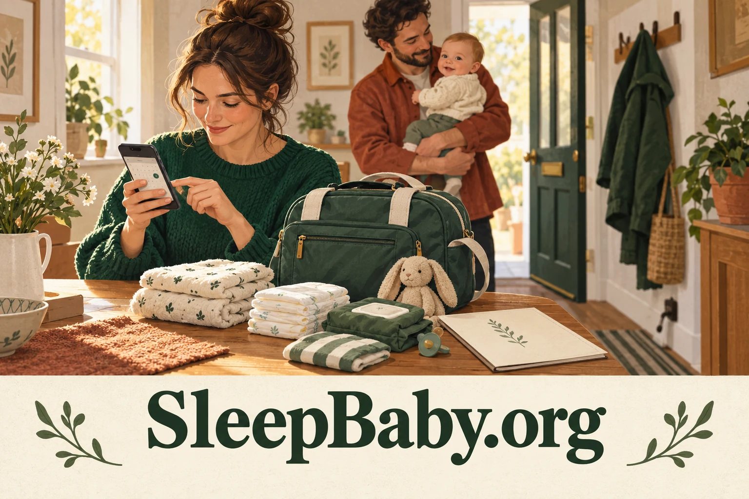 A caregiver checks a phone beside a packed changing bag while another holds an awake baby; SleepBaby.org appears below.