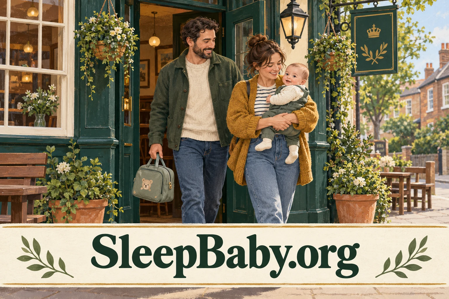 Caregivers leave a neighborhood pub with an awake baby and a small bag, above SleepBaby.org lettering.