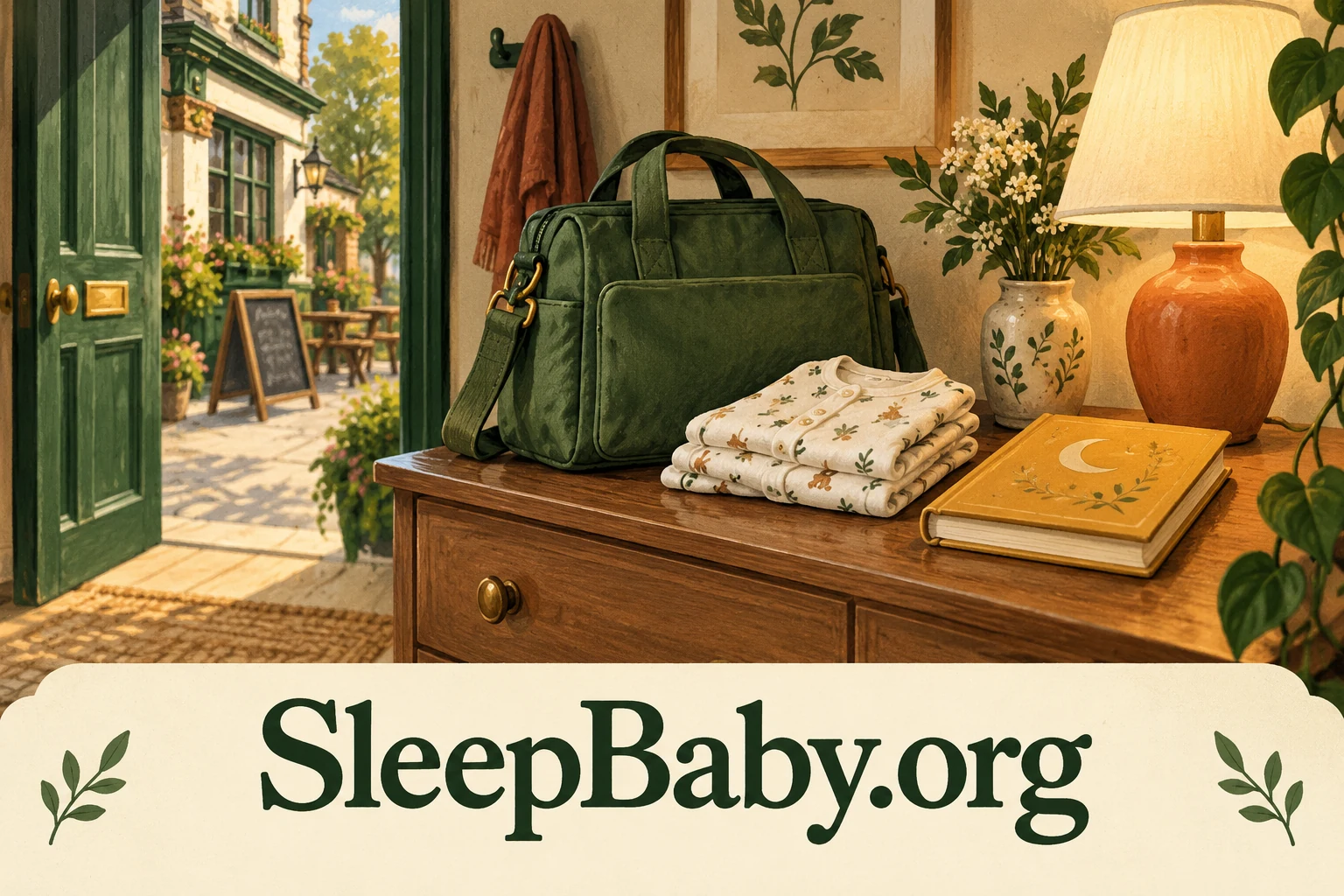 Changing bag, folded pajamas, book and lamp with SleepBaby.org lettering.
