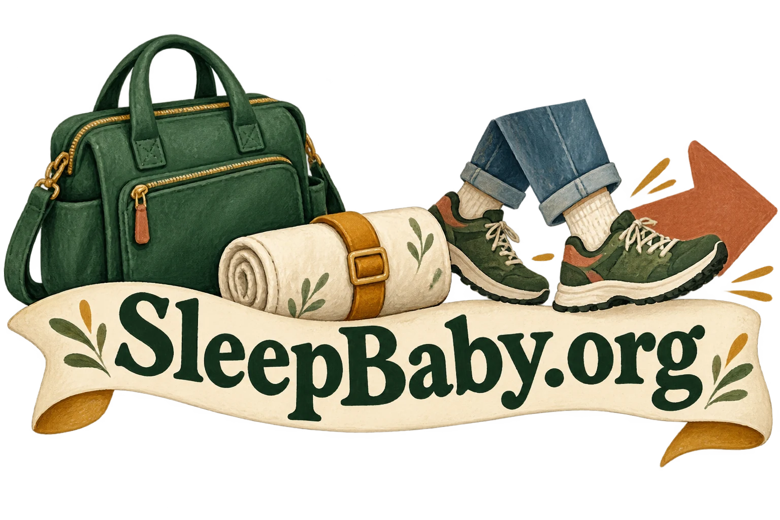 Changing bag, rolled mat and walking shoes above a SleepBaby.org ribbon.