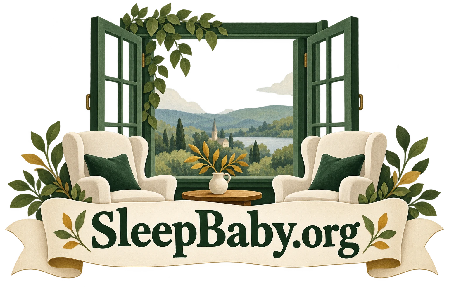 Open green window and cream chairs above a SleepBaby.org ribbon.