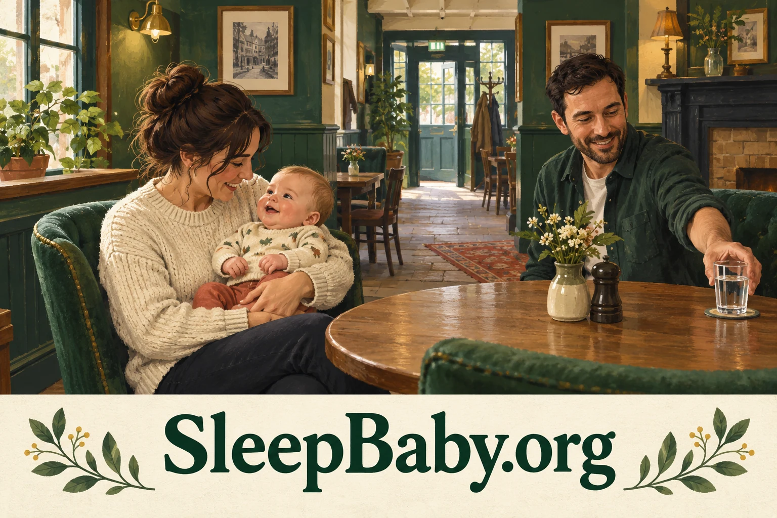 An awake baby is held away from tableware in a quiet pub corner, with SleepBaby.org lettering below.