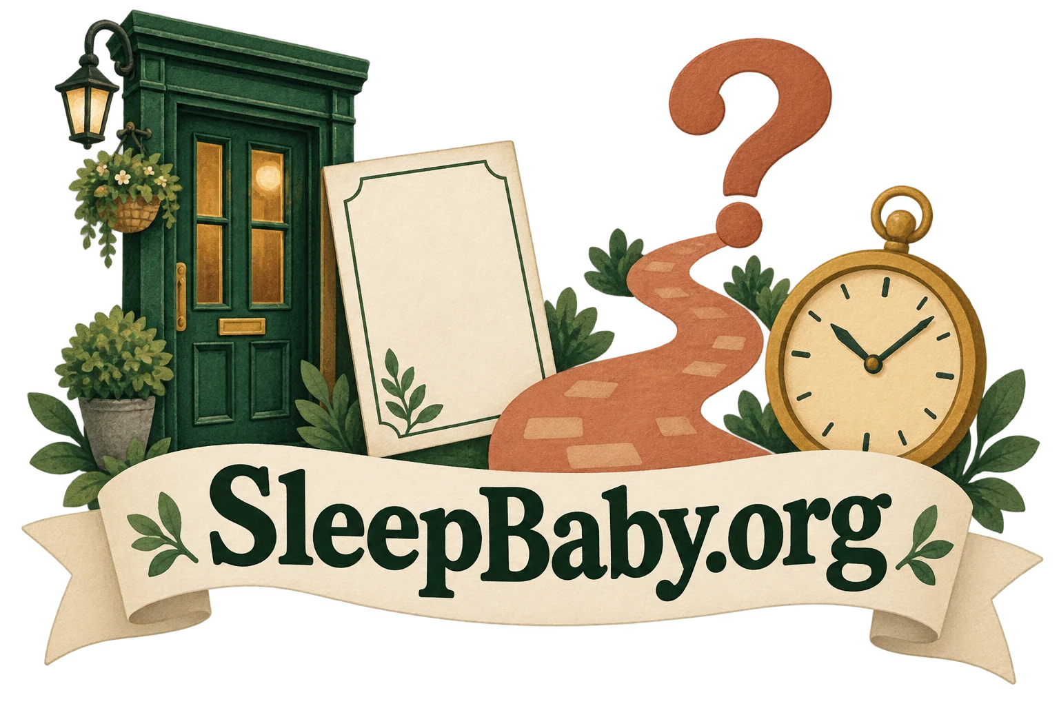 Pub doorway, blank menu and clock above a SleepBaby.org ribbon.