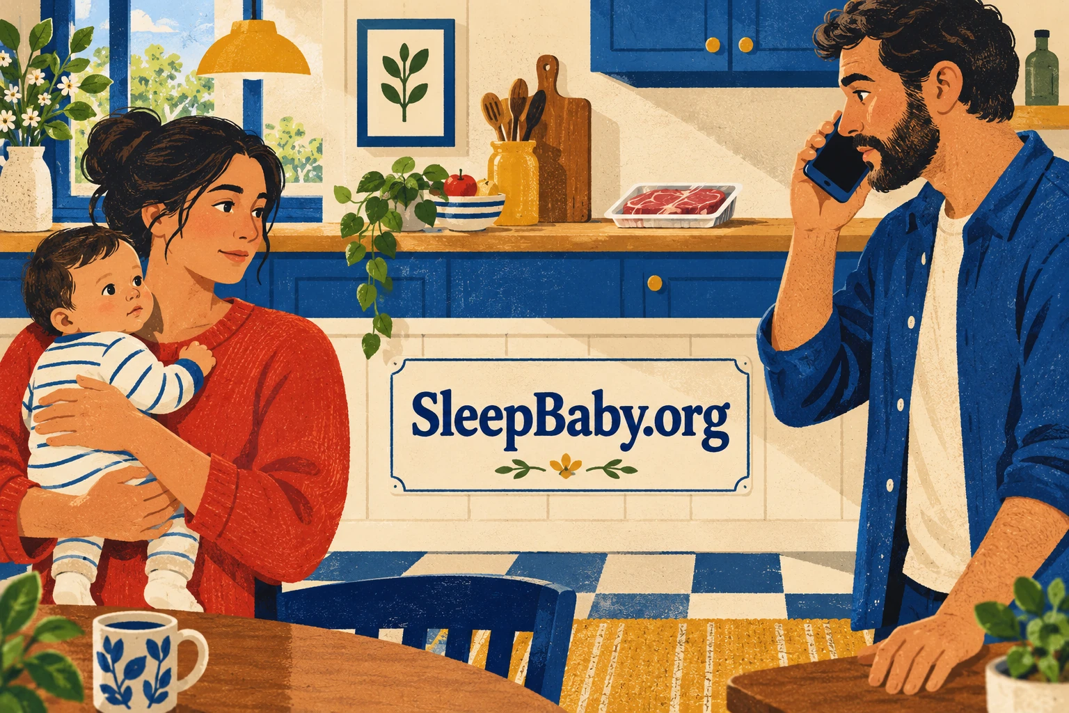 One caregiver holds an awake baby while another makes a phone call; a wrapped meat tray stays on a distant counter.