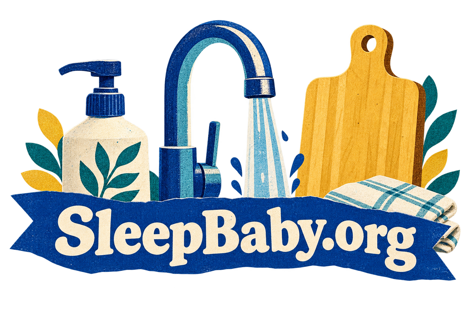 Soap, a tap, a cutting board and a folded towel sit above a blue ribbon.