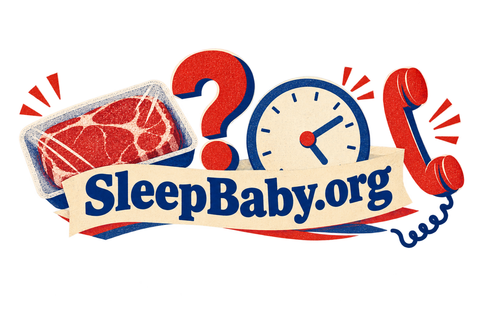 A wrapped meat tray, question mark, clock and phone rise above a cream banner.