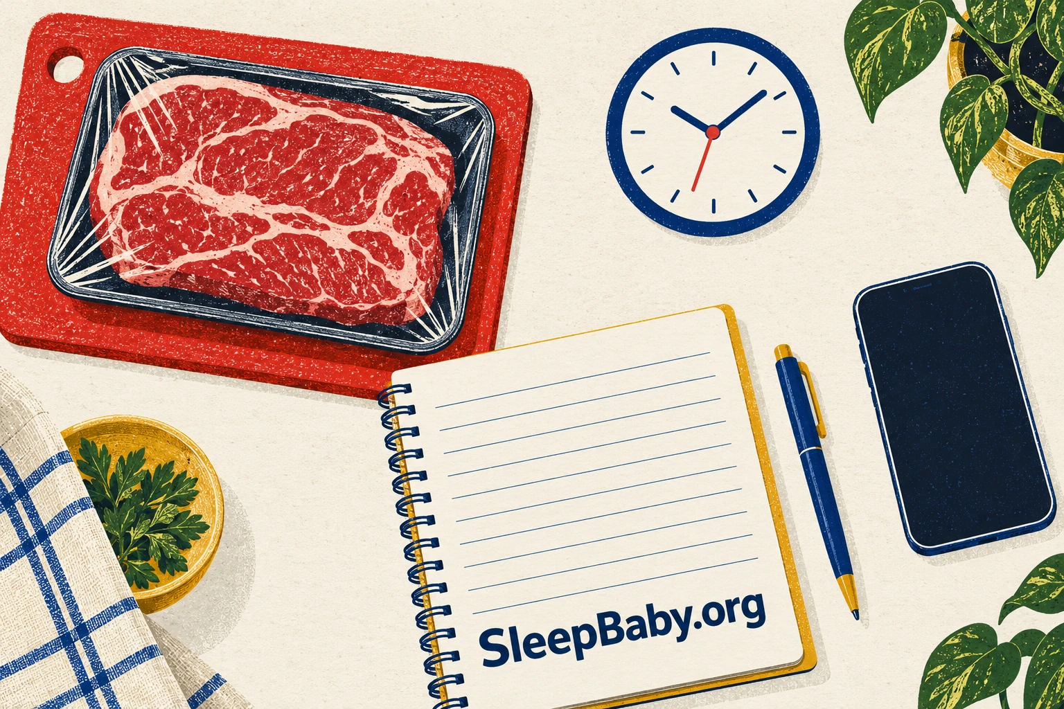 A wrapped meat tray, clock, notebook and phone are arranged separately on a kitchen surface.