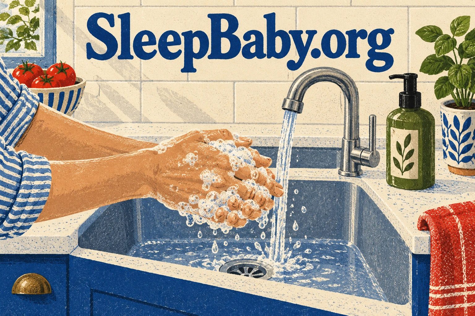 Adult hands are washed with soap under a kitchen tap.