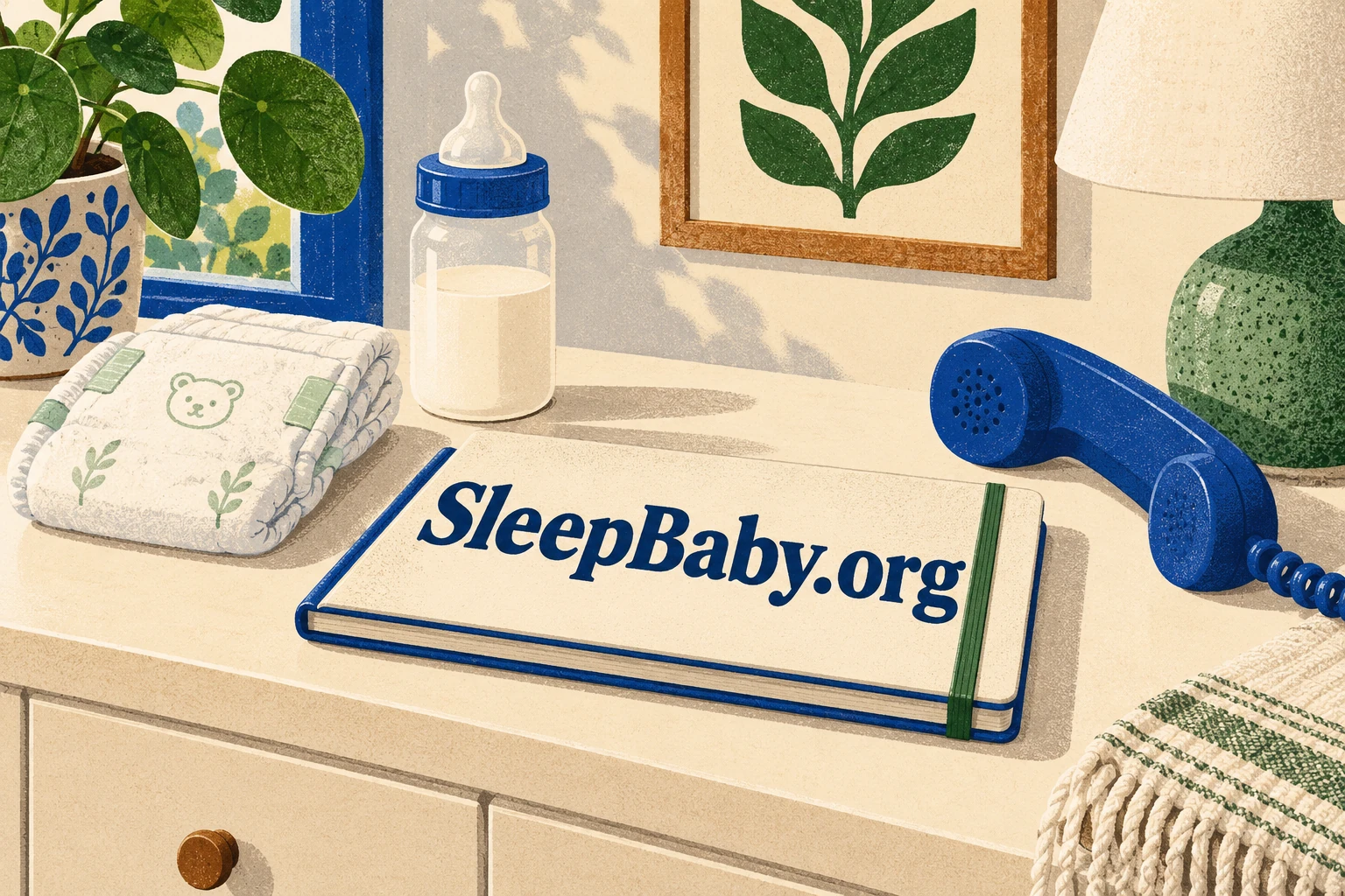 A clean diaper, milk bottle, care notebook and telephone sit on a sideboard.