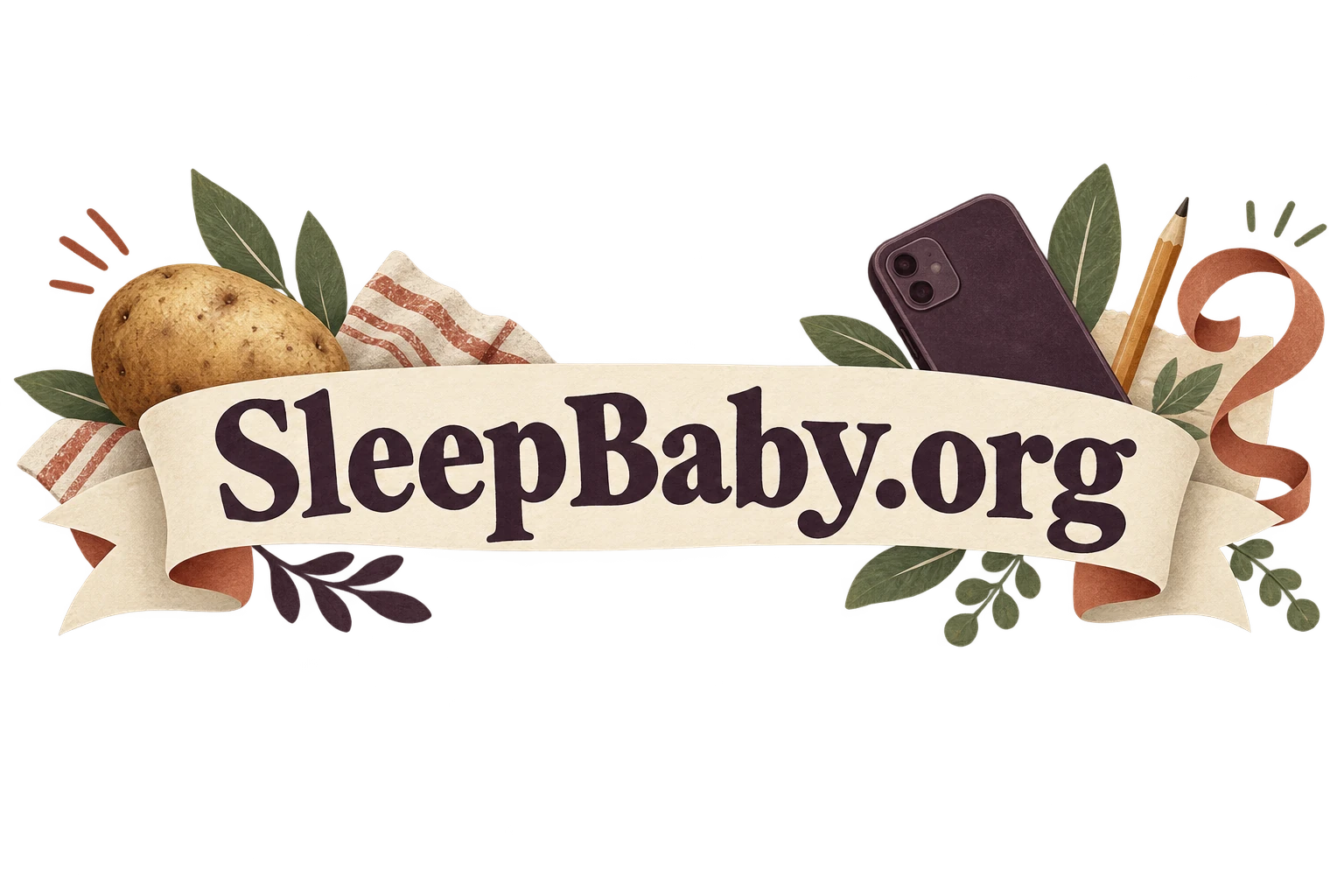 A phone, pencil and curled ribbon frame a cream SleepBaby.org banner.