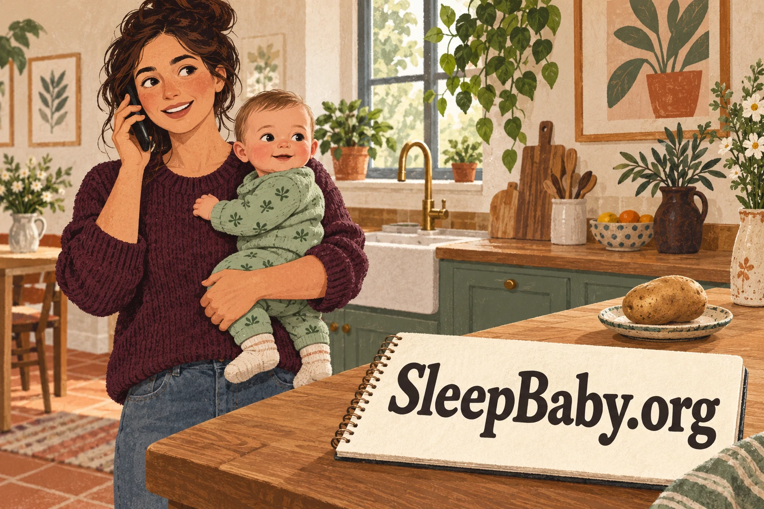A caregiver holds an alert baby while speaking on a phone, with a potato on a separate counter.