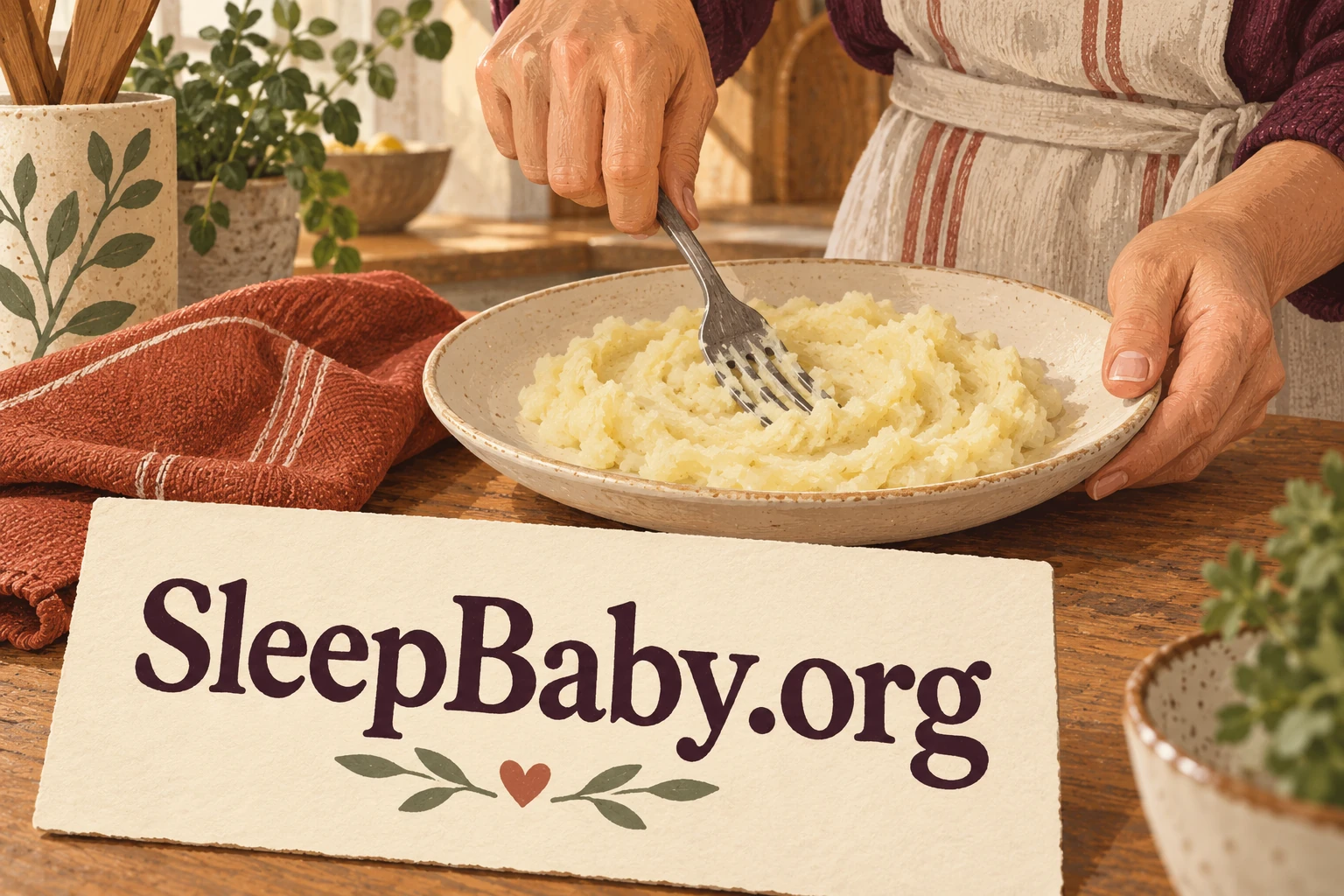 Adult hands use a fork to mash soft cooked potato on a plate.