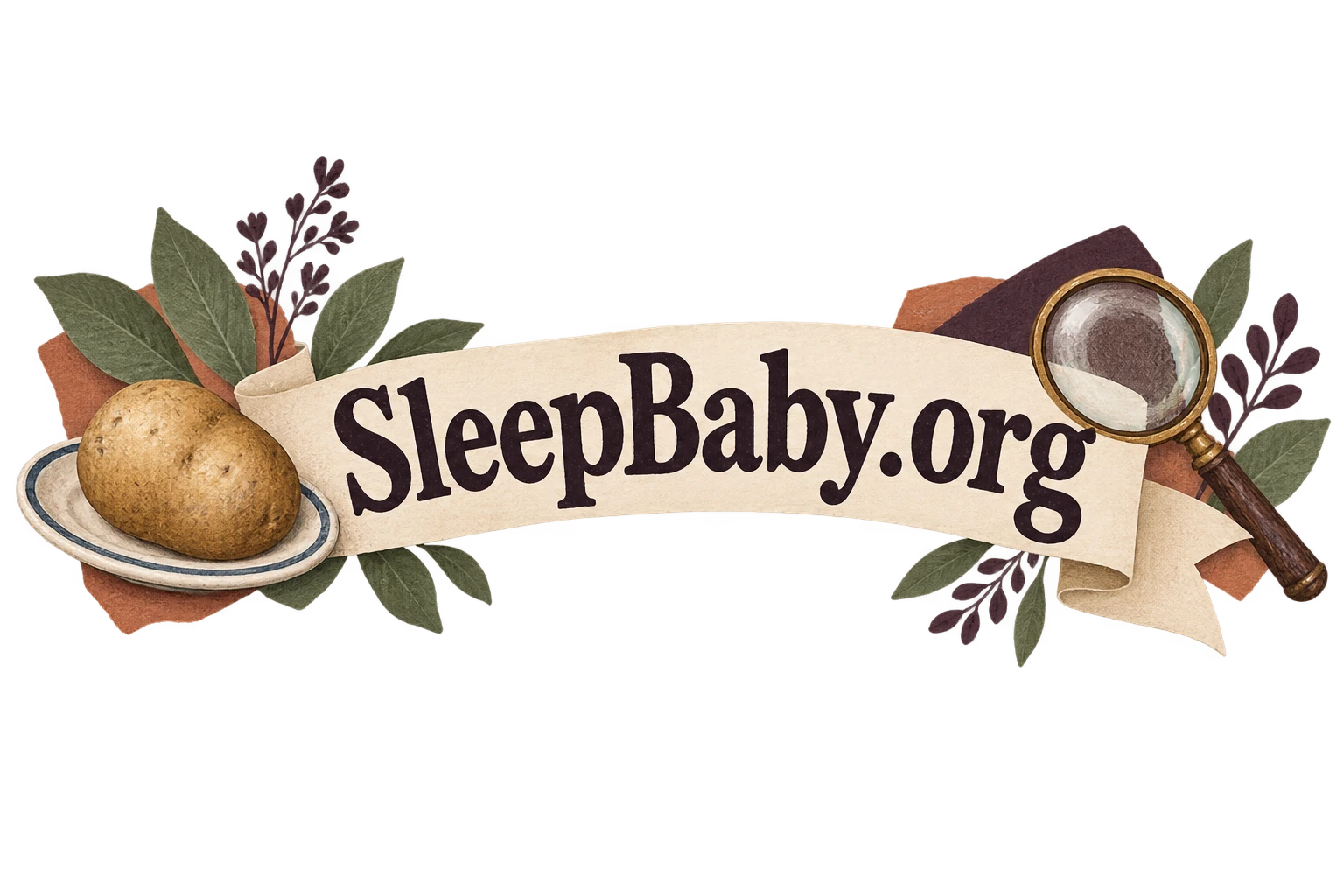 A potato, magnifying glass and decorative sprig frame a cream branded banner.