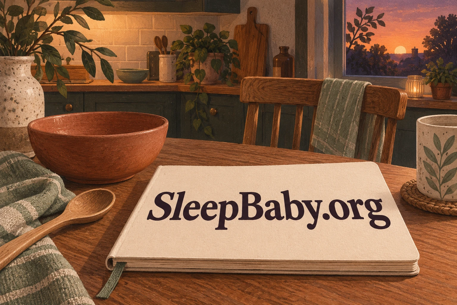 An empty bowl, spoon and branded cream notebook sit in a warm kitchen at dusk.