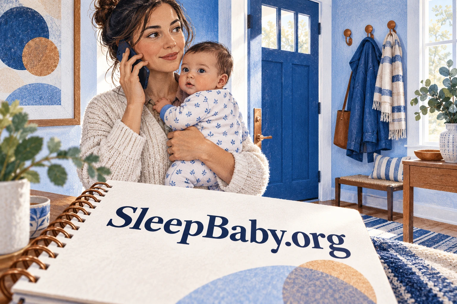 A mother holds an alert infant upright while speaking on a phone beside a large branded notebook.
