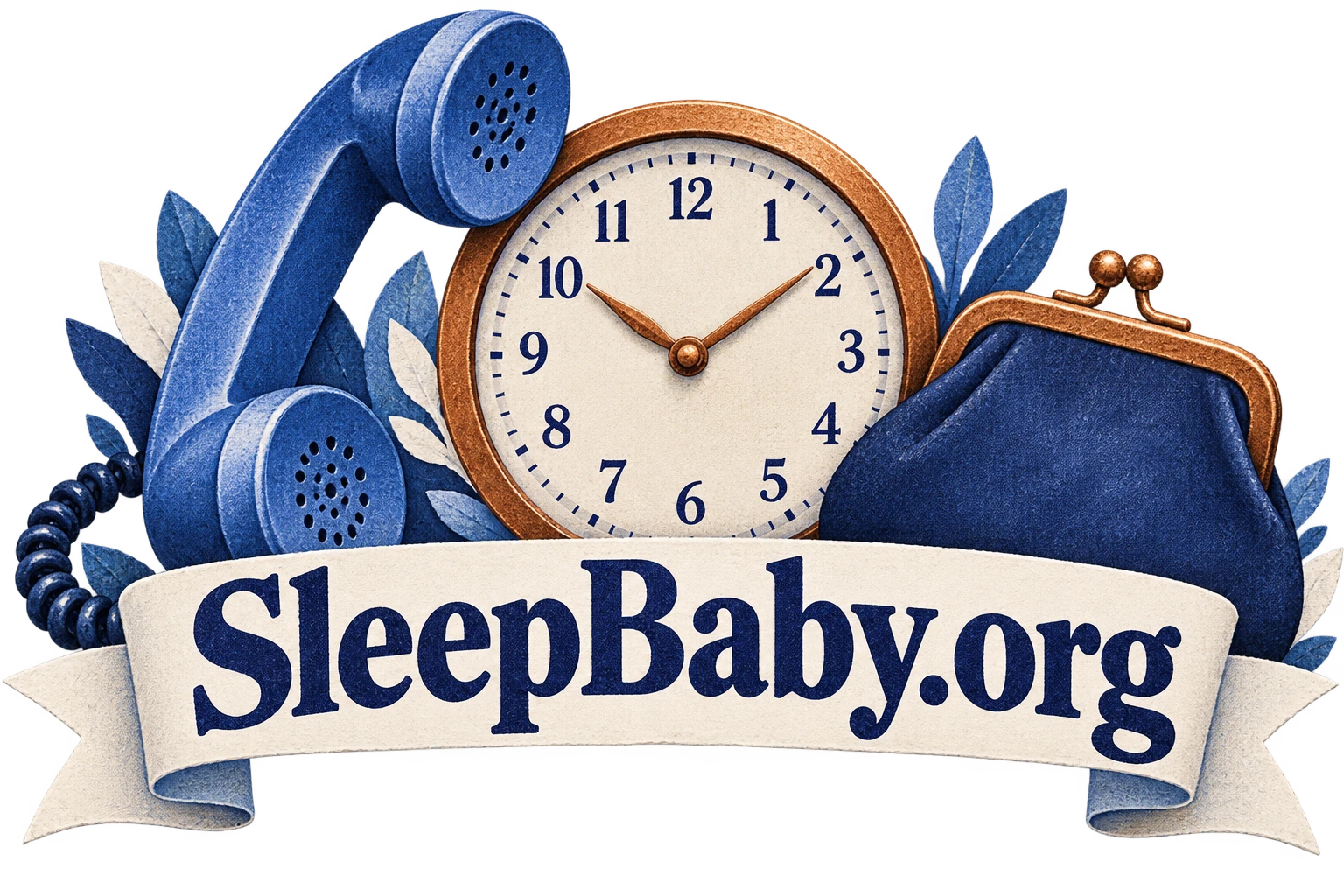 A blue handset, copper clock and closed coin purse sit above a branded white ribbon.
