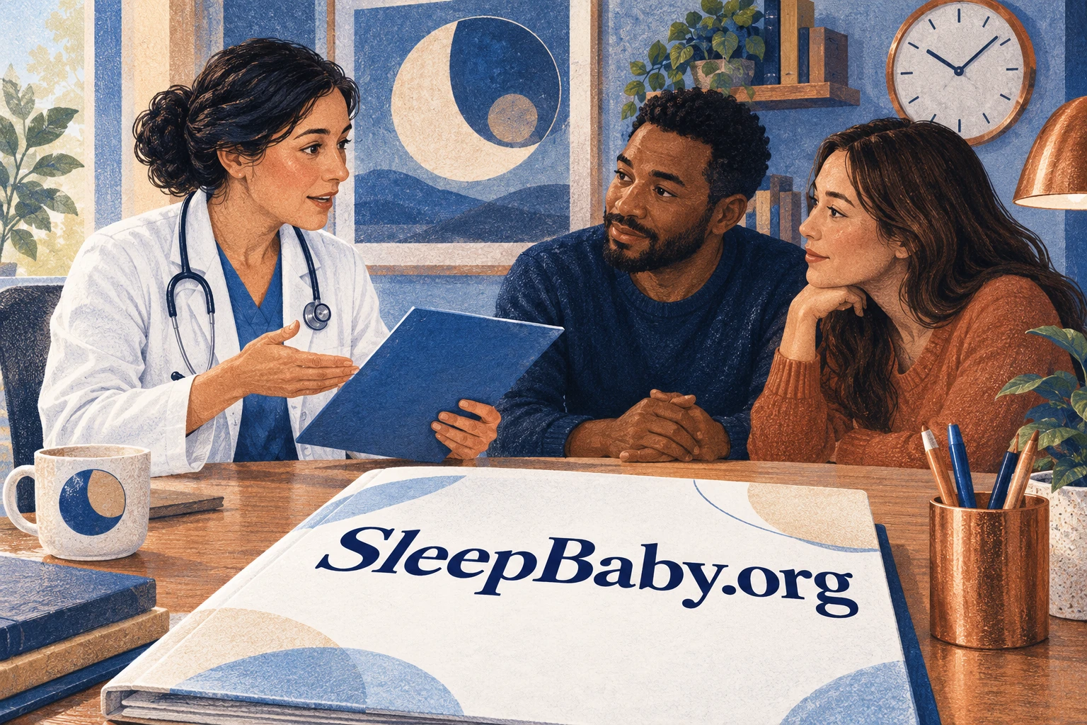 A pediatric clinician discusses a care plan with two adult caregivers beside a branded consultation folder.