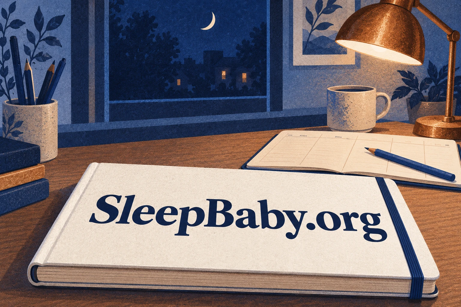 A branded white notebook lies on a blue evening desk beneath a copper lamp.