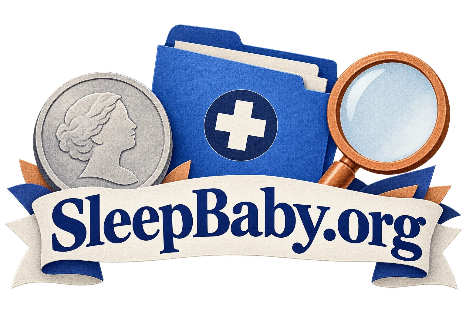 A stylized silver coin, blue clinical folder and copper magnifier sit above a branded ribbon.