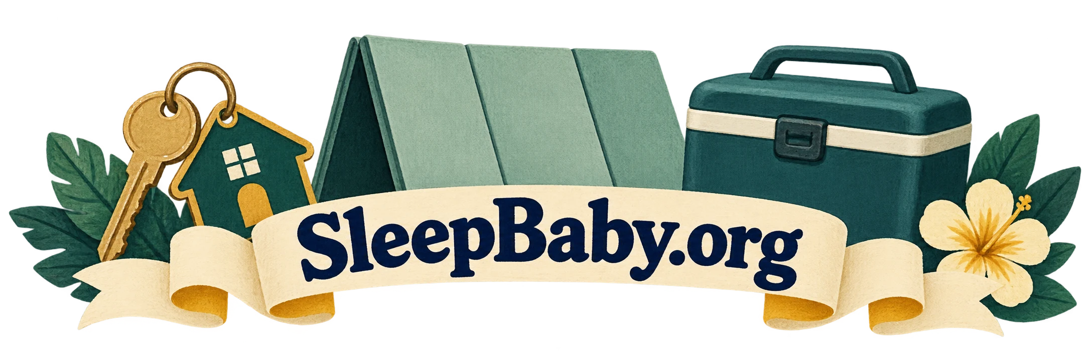 Room key, folded flat cot pad and cooler above a SleepBaby.org ribbon.