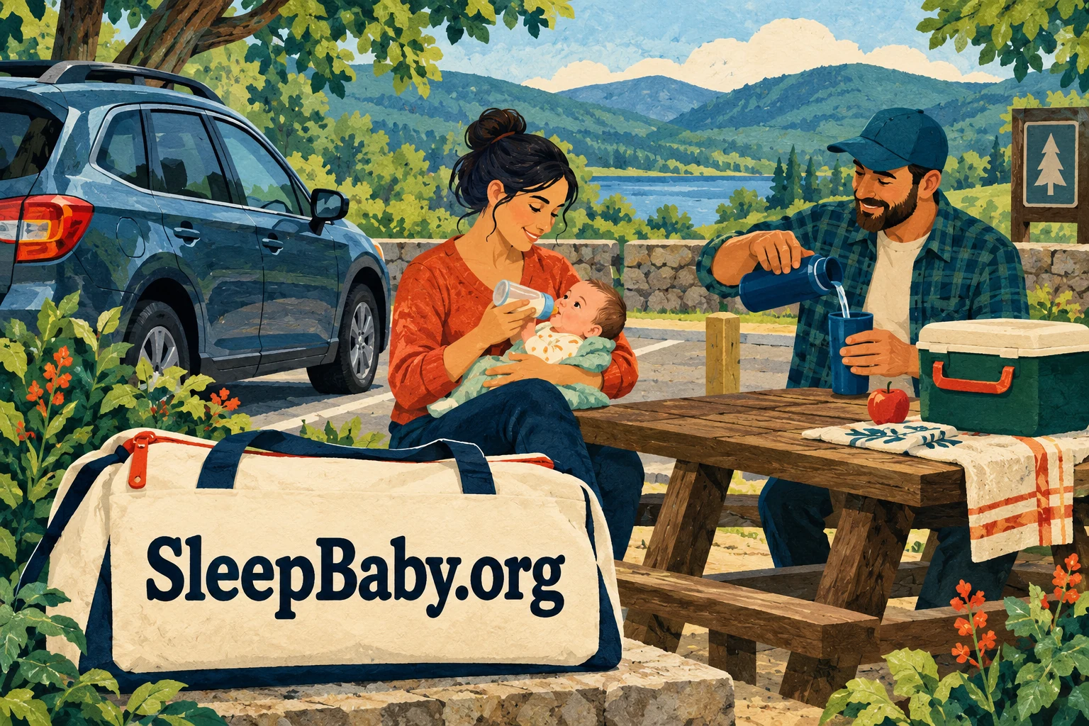 Adult holding and feeding an awake baby at a picnic table beside a parked car, with SleepBaby.org on a travel bag.