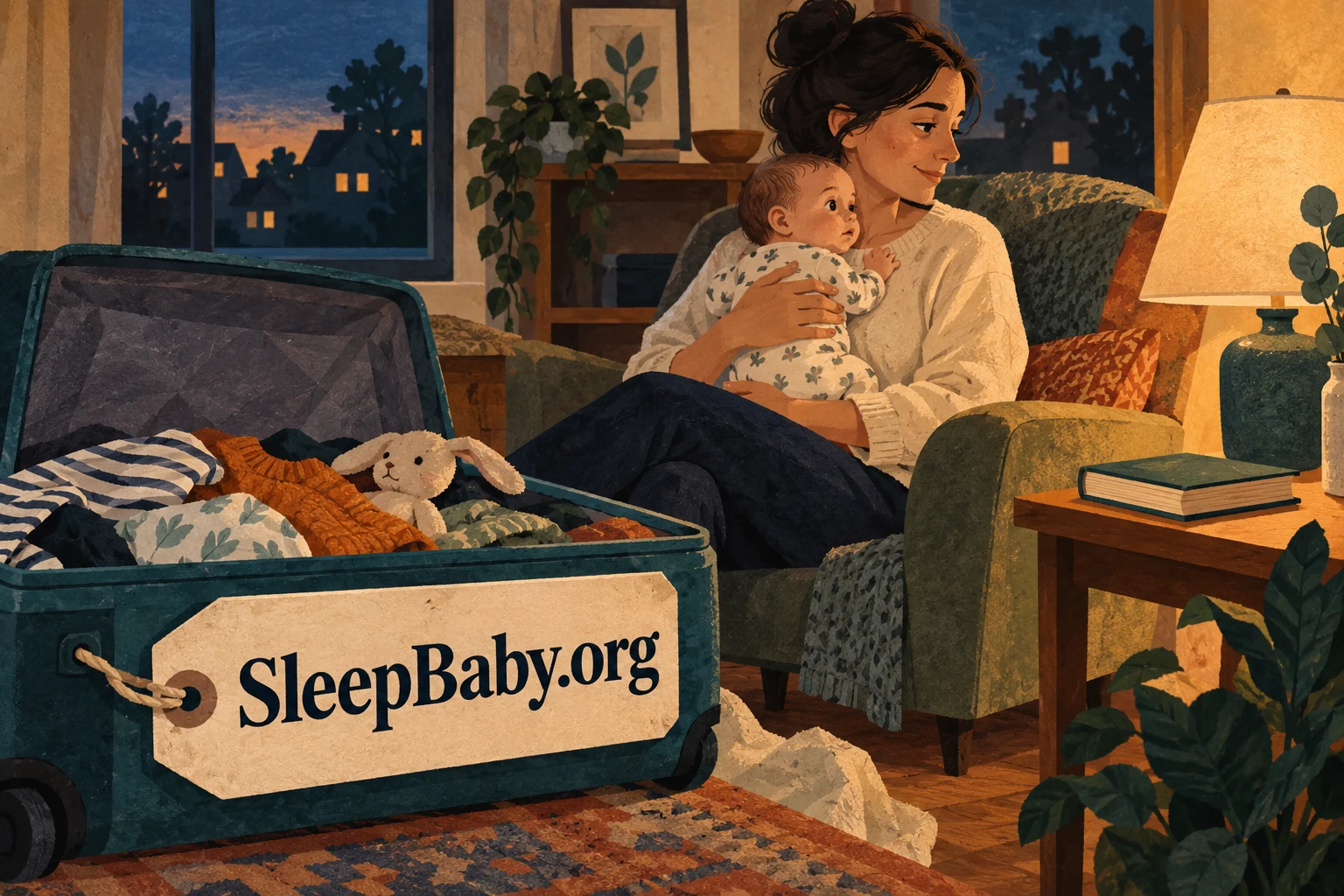 Parent and awake baby in a sitting room beside an unpacked suitcase labeled SleepBaby.org.