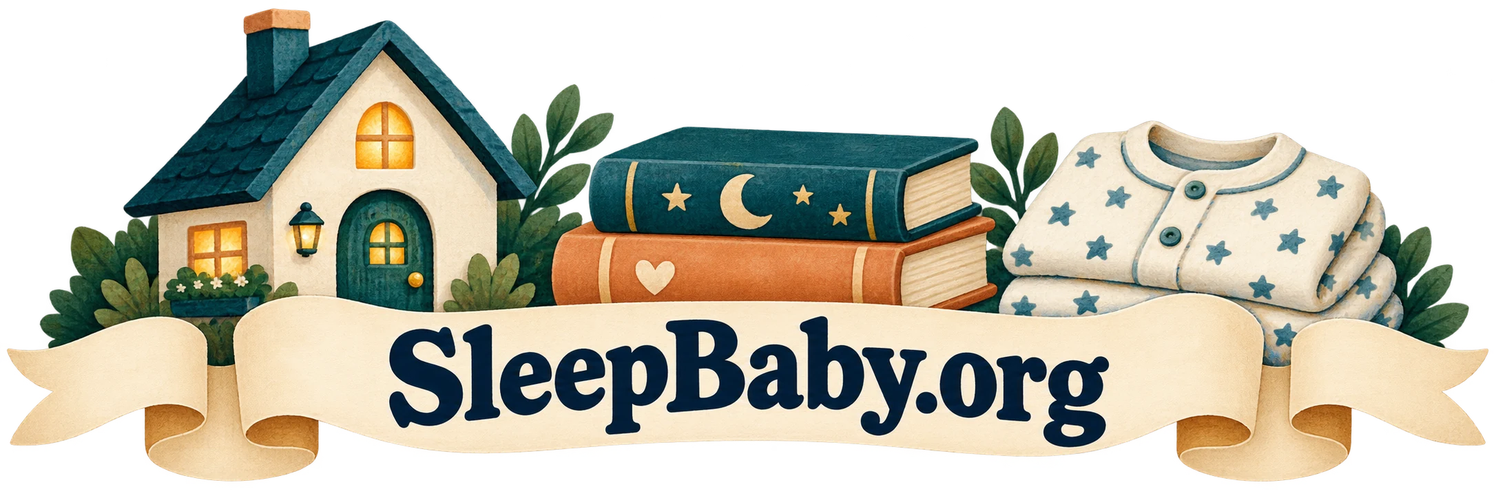 Small house, books and pajamas above a SleepBaby.org ribbon.