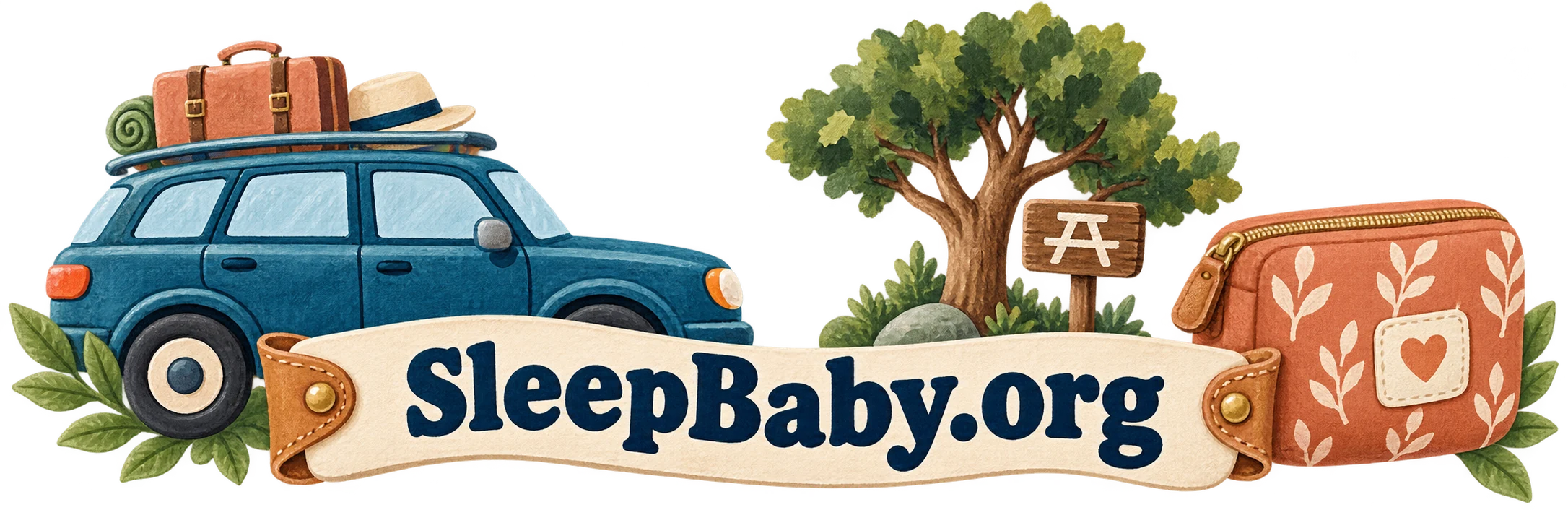 Car, rest-stop tree and diaper pouch above a SleepBaby.org ribbon.