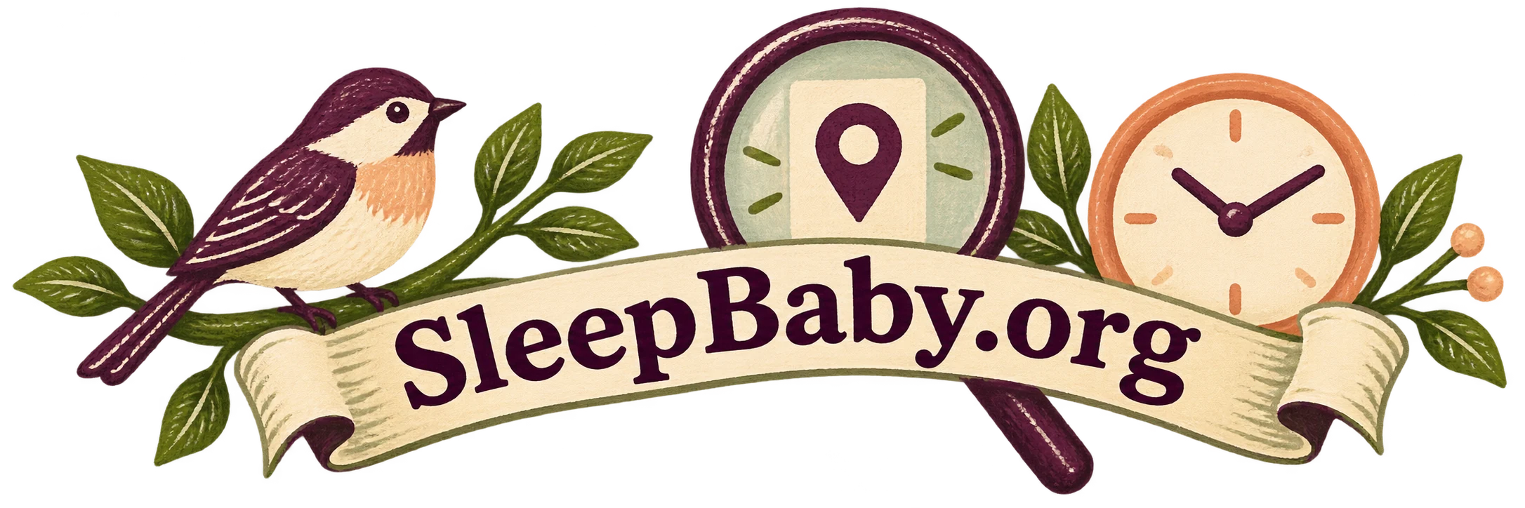 A cream ribbon joins a garden bird, location symbol, magnifier and clock. SleepBaby.org appears in the artwork.