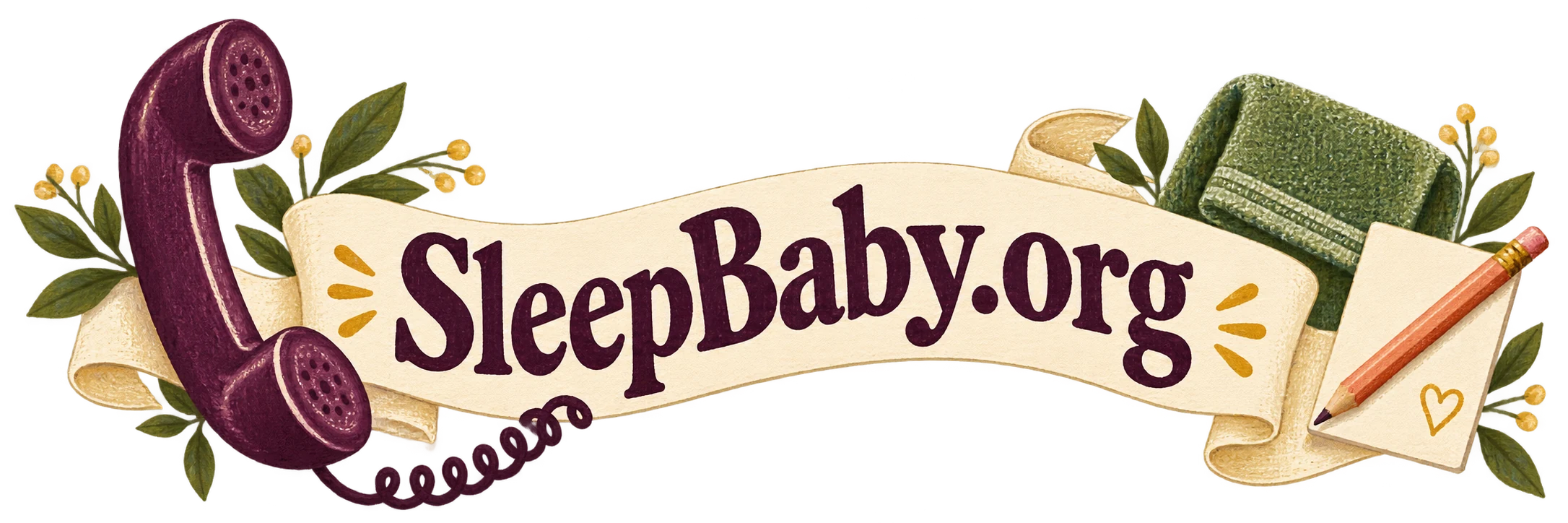 A cream ribbon connects a telephone, folded cloth and blank note. SleepBaby.org appears in the artwork.