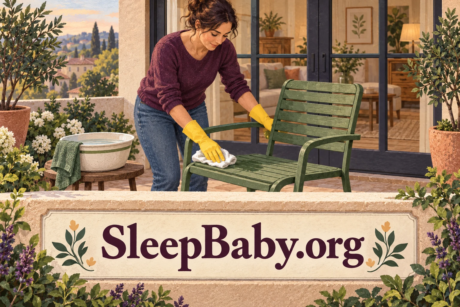 A gloved adult uses a damp cloth on an empty outdoor chair. SleepBaby.org appears in the artwork.