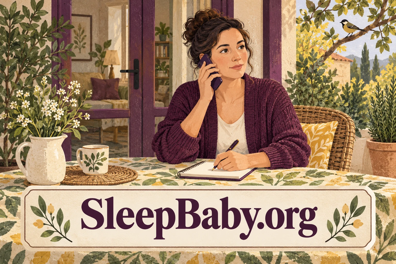 An adult on the phone takes a note at a clean garden terrace table. SleepBaby.org appears in the artwork.