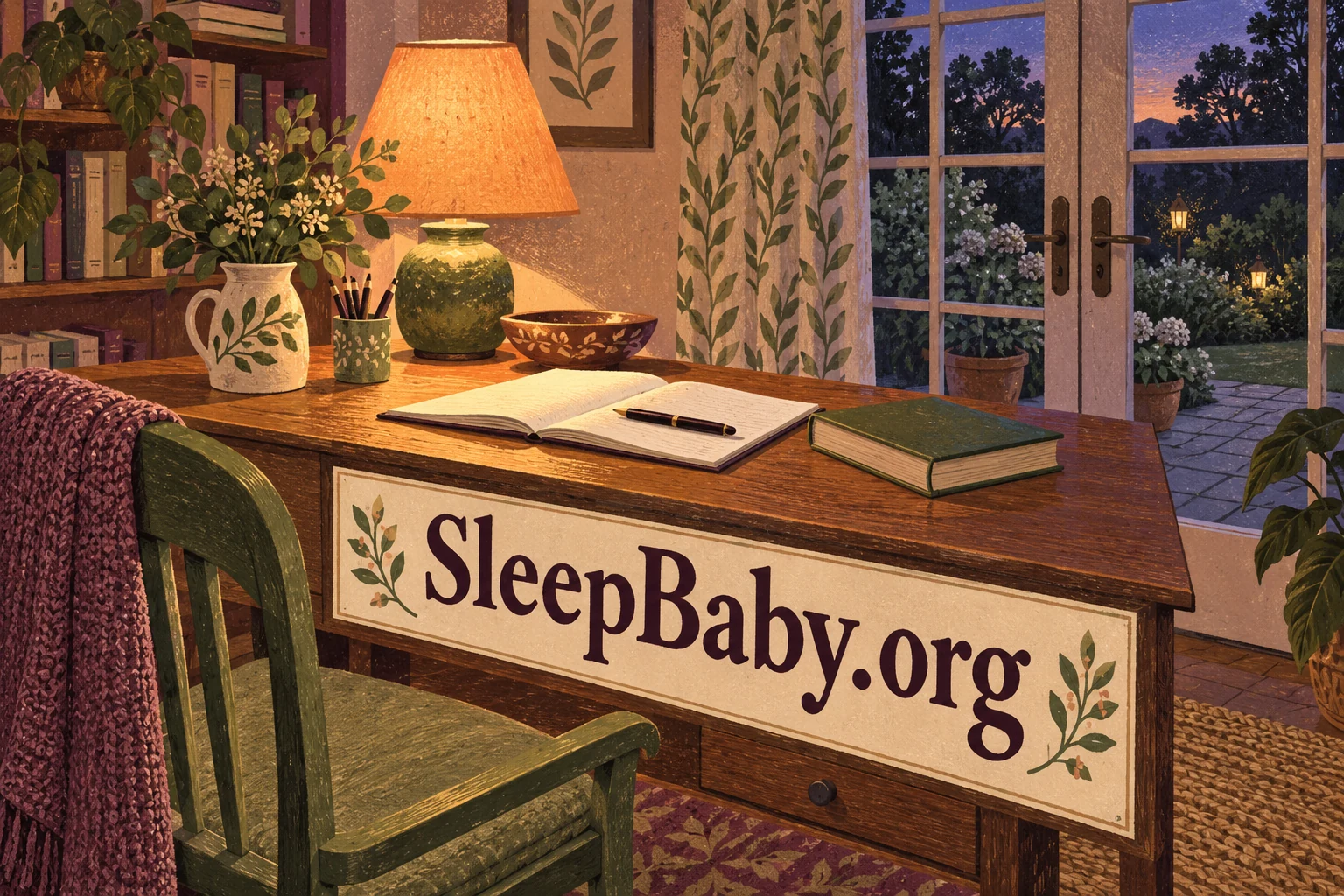 A lamp, notebook and plain book on a desk beside closed garden doors at dusk. SleepBaby.org appears in the artwork.