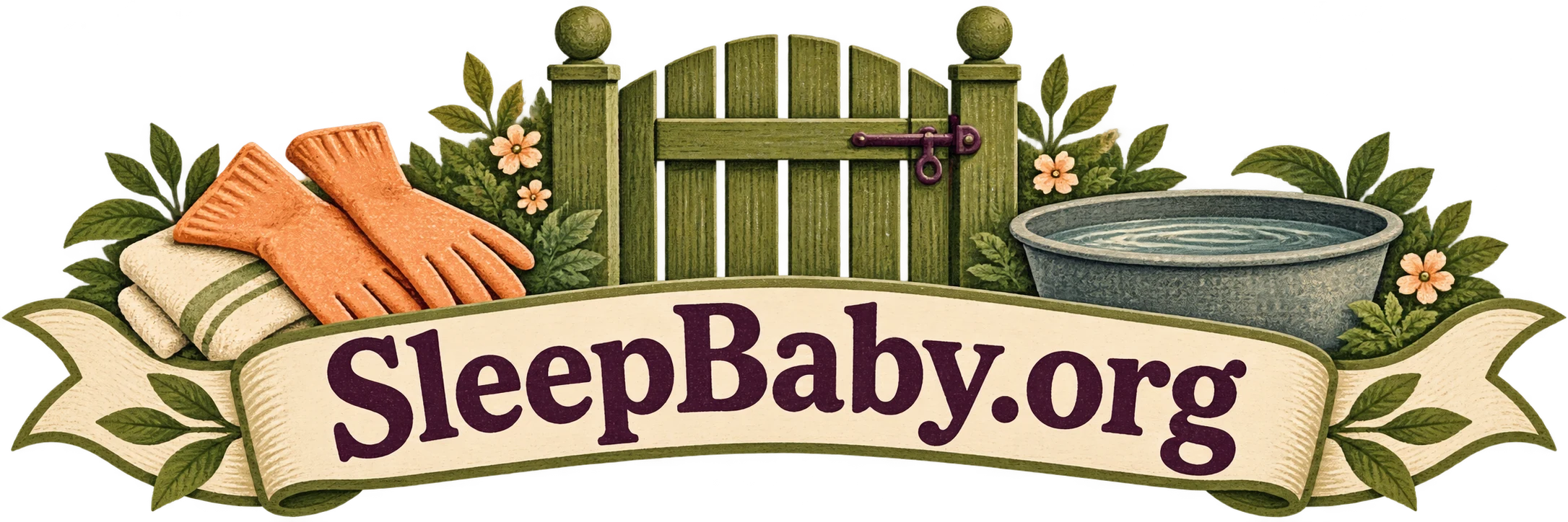 A cream ribbon joins a latched garden gate, gloves, folded cloth and basin. SleepBaby.org appears in the artwork.