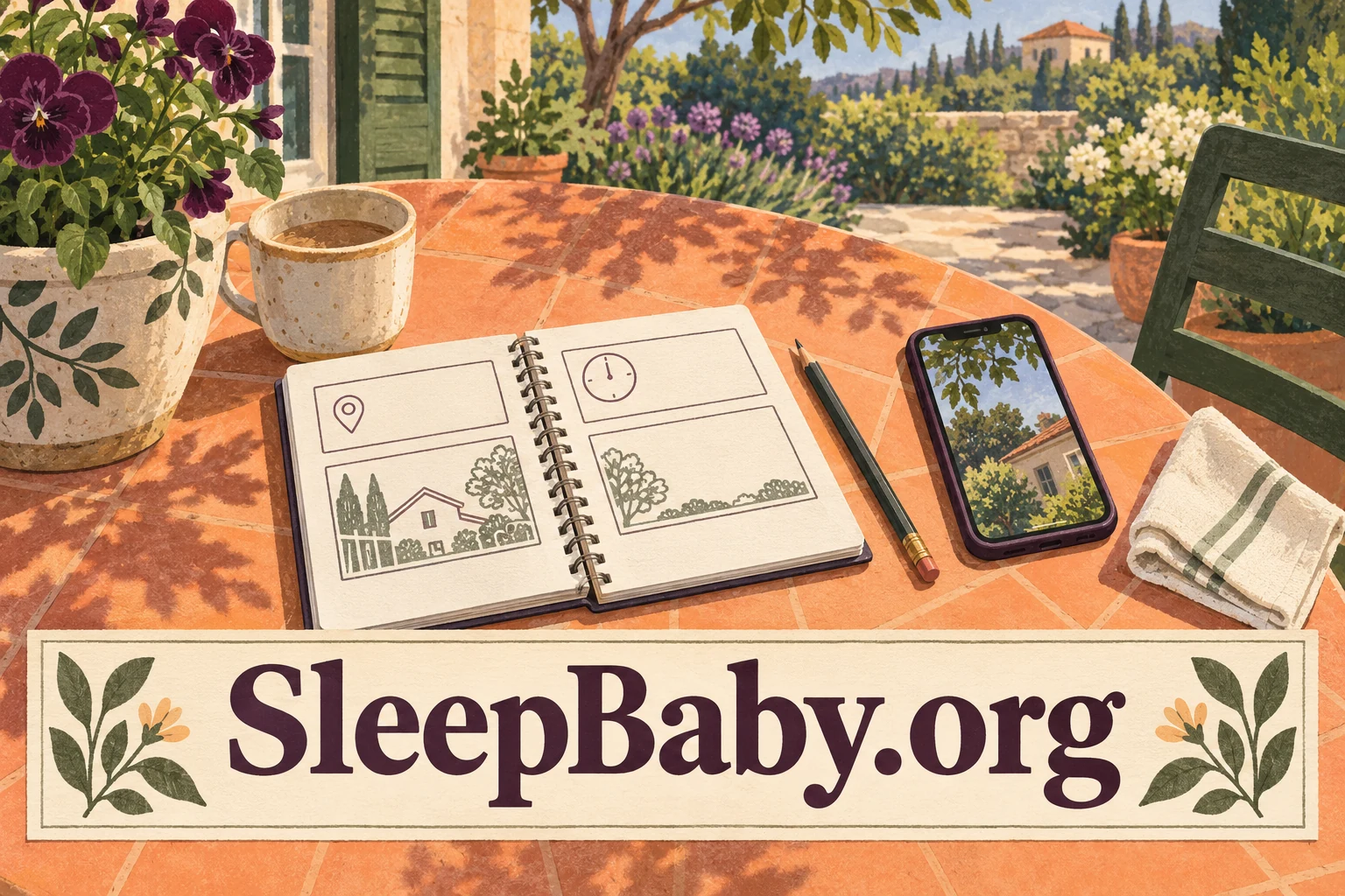 A notebook with simple location and clock symbols, phone and cloth on a terrace table. SleepBaby.org appears in the artwork.